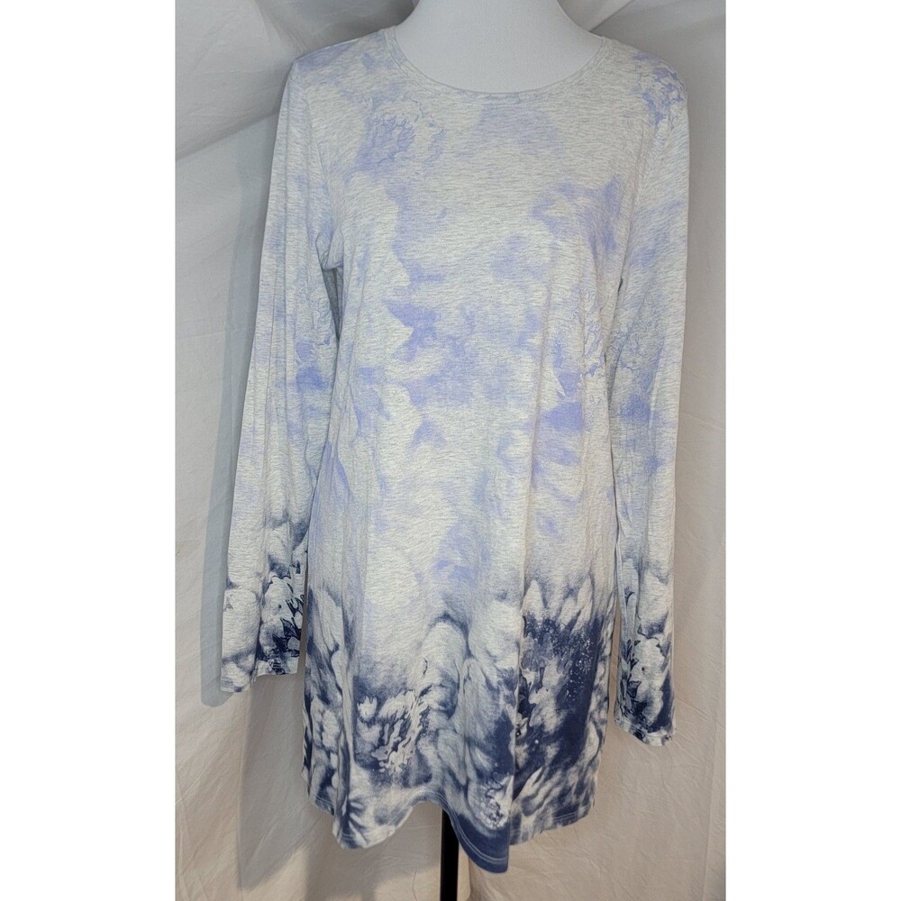 Pure Jill Womens Small Tunic Top Blue Gray Washed Floral Print Relaxed Cotton
